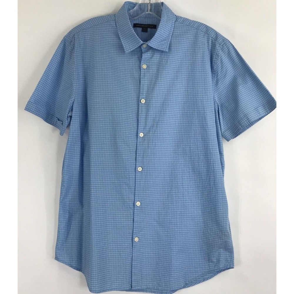 John Varvatos Womens Shirt Medium M Blue Plaid Check Button Short Sleeve